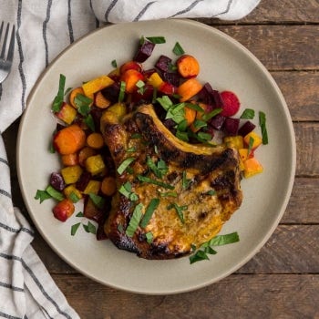 Honey Turmeric Pork Chops with Roasted Beets and Carrots