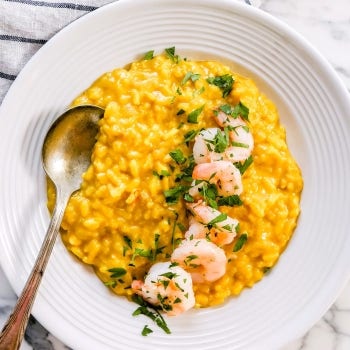 Dairy-Free Saffron Risotto with Pan-Seared Shrimp