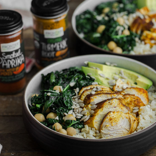 Turmeric Chicken, Kale and Rice Bowl