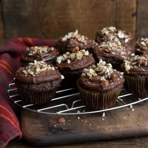 Dark Chocolate Cupcakes with Hazelnut Cinnamon Ganache