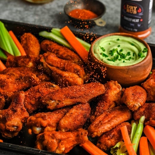 Sweet Heat Dry Rub Chicken Wings with Avocado Ranch Dressing Sweet Heat Dry Rub Chicken Wings with Avocado Ranch Dressing